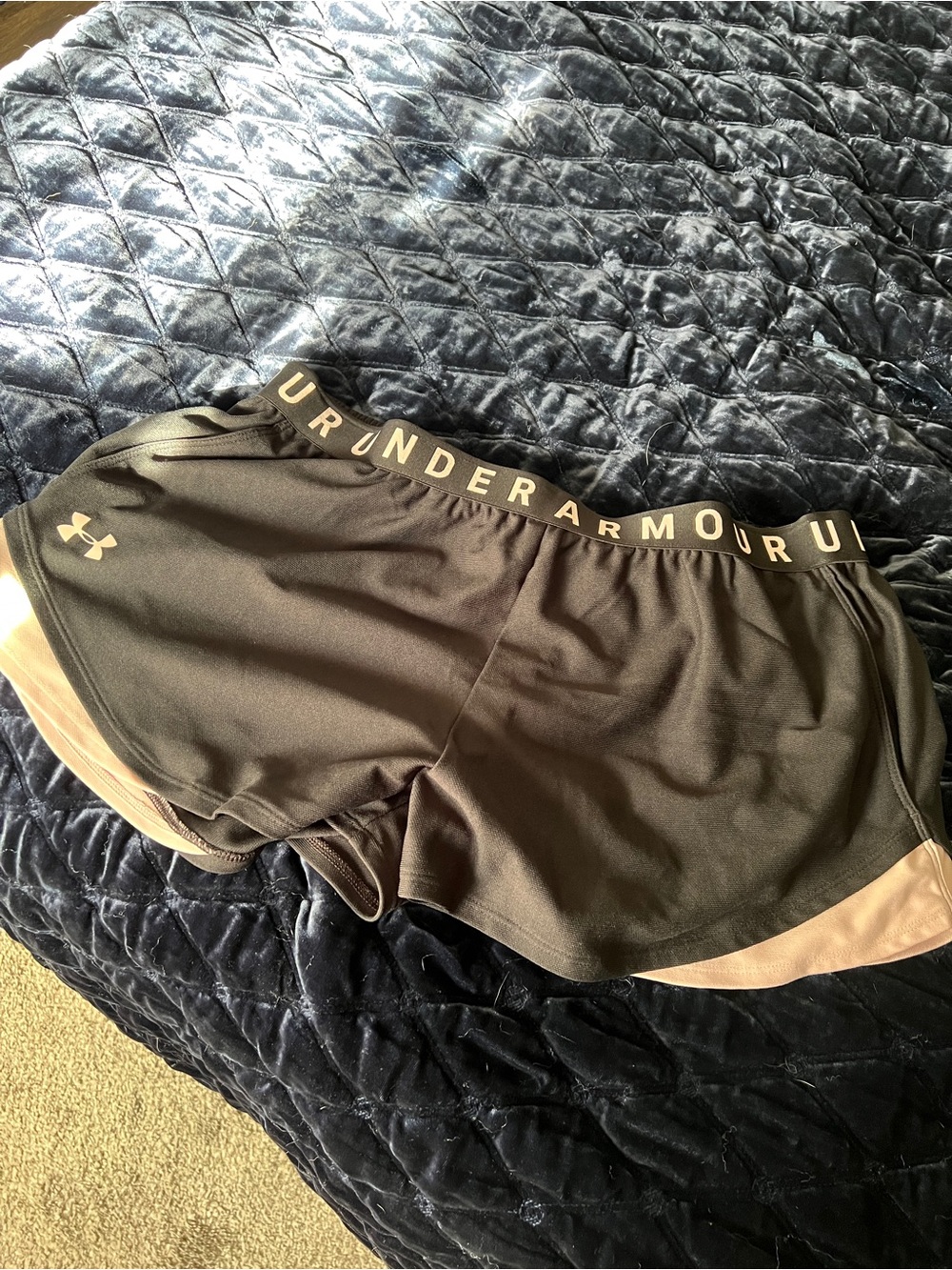 Under Armour Women's Black Athletic Shorts with Pink Trim and Branded Waistband